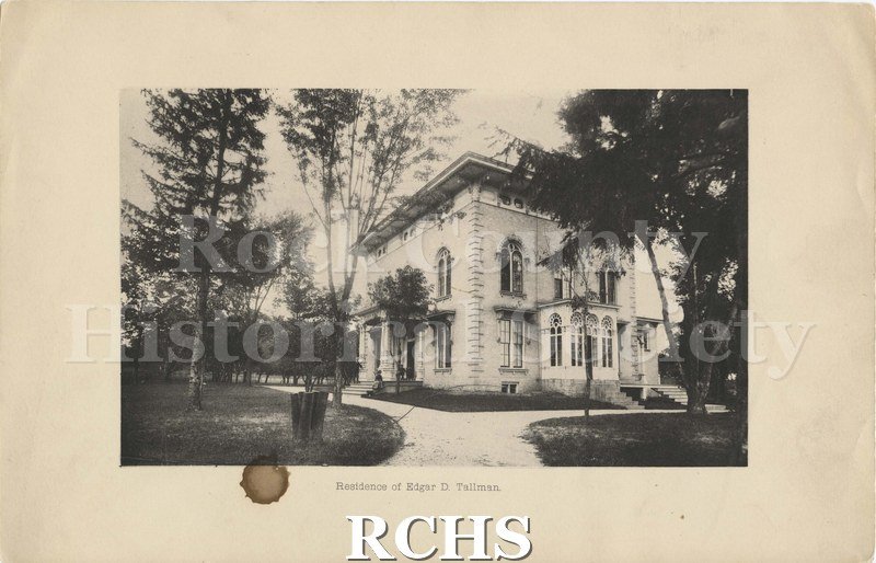 Black and white photograph of the Tallman House. Residence of Edgar D. Tallman. Shows side view.
