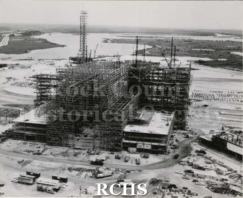 Black and white photograph of Power and Light building under construction c. 1955. Published by Janesville Gazette one year previous (1964?).
