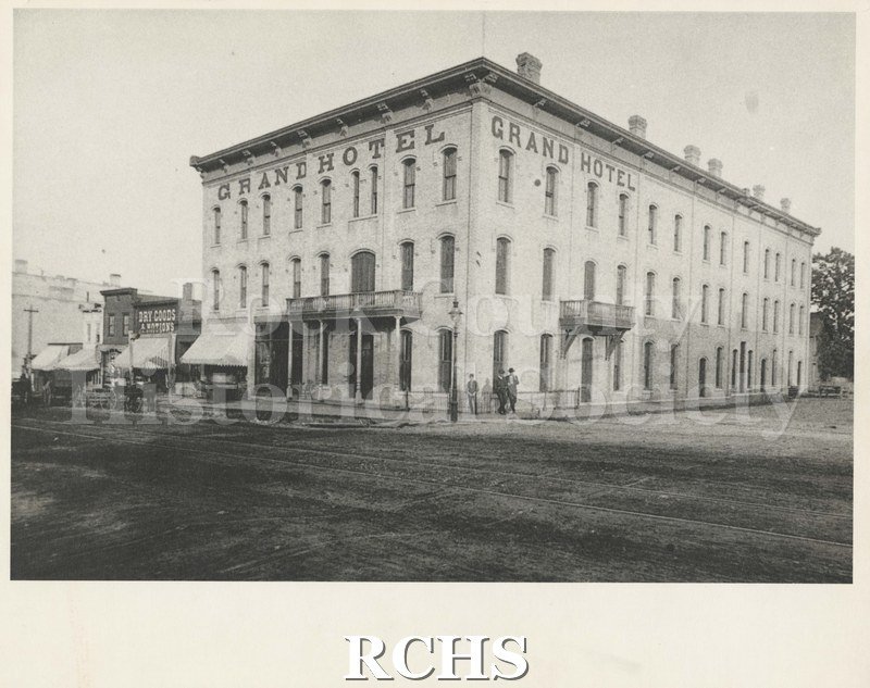 Black and white photograph of the Grand Hotel. Present location of Monterey, 323 West Milwaukee Street.