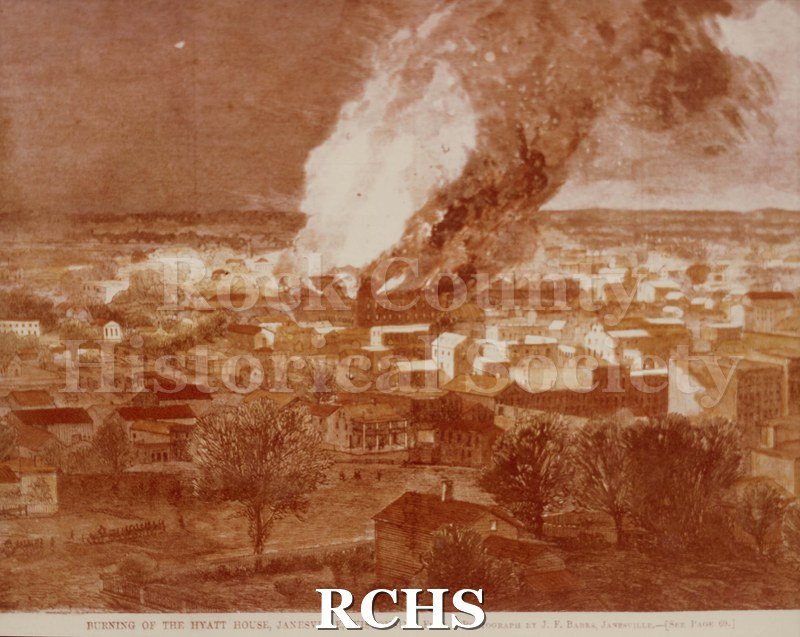 Tinted photo of Hyatt House. Reproduction (?), orange tone, Illustration of the Hyatt House burning from a hill.