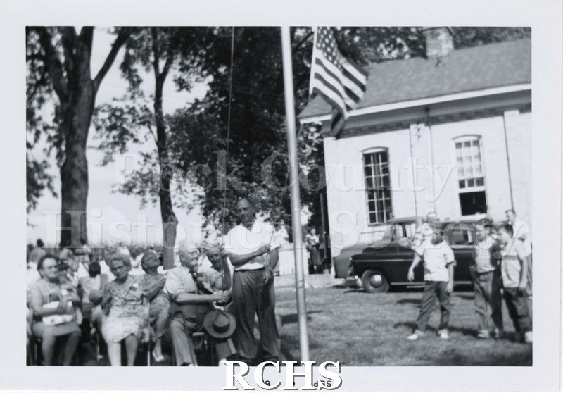 Black and white photograph of the West Center School reunion (3rd and last), 09/03/1961. The class of 1893 sits on the left, older men and women dressed up.