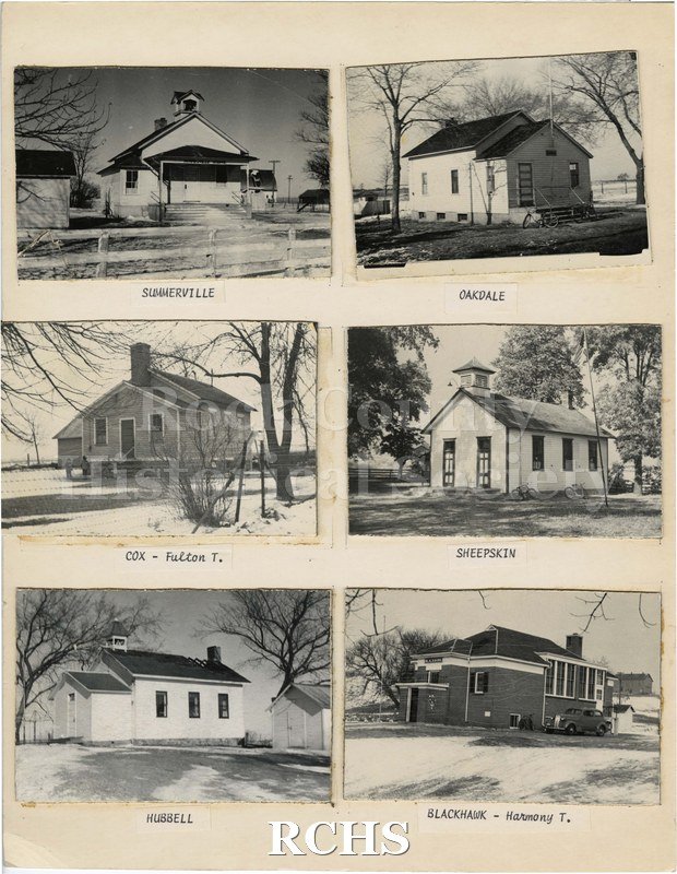Historic image of Six black and white photographs of one-room schoolhouses. Summerville - wooden white schoolhouse with a cupola and bell over the door.
