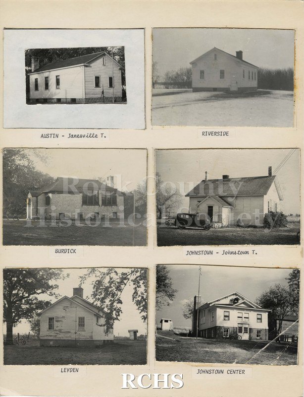 Black and white photograph of six black and white photographs of one-room schoolhouses. Austin - Janesville T. - wooden, white schoolhouse with pump in front.