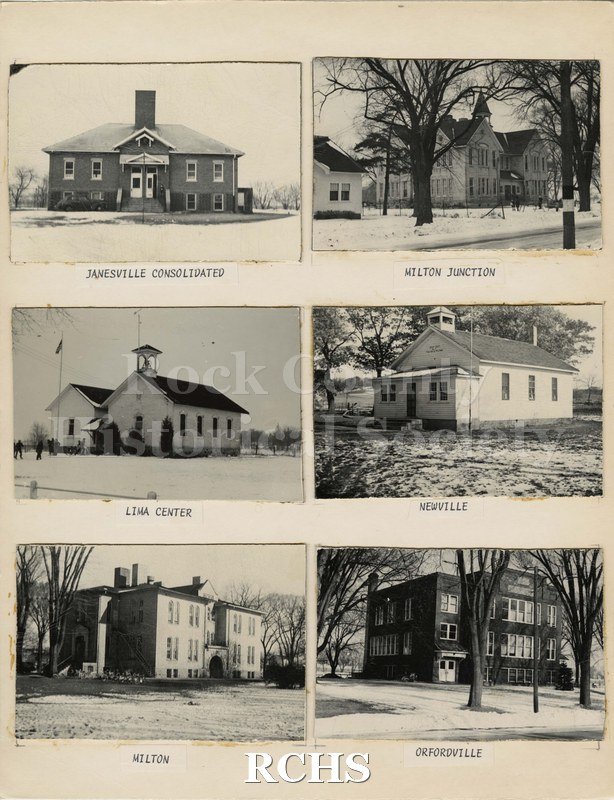 Historic image of Six black and white photographs of schoolhouses. Janesville Consolidated - large brick building, two floors (?), car parked in front, young man.