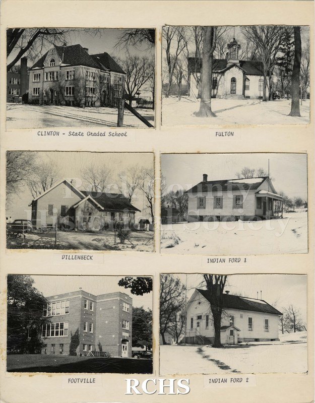 Historic image of Six black and white photographs of schools and one-room schoolhouses. Clinton - State Graded School - Larger brick building, several floors.
