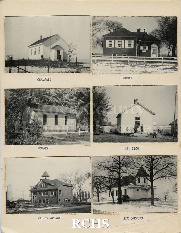 Historic image of Six black and white photographs of one-room schoolhouses. Crandall - white schoolhouse with two people standing in front.