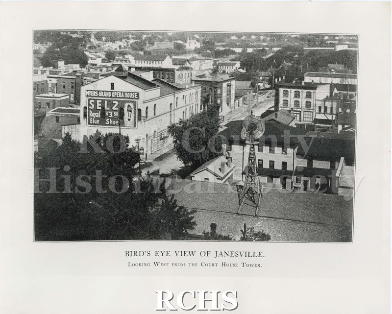Black and white photograph of "BIRD'S EYE VIEW OF JANESVILLE".