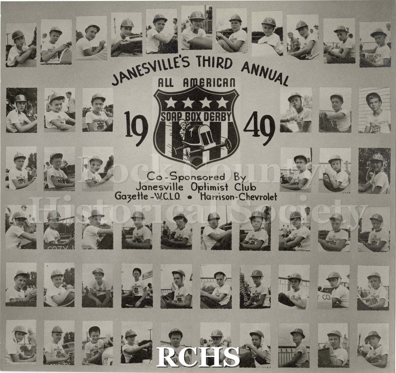 Black and white photograph of individual shots of racers in their soap box cars surround the title: "Janesville's Third Annual All American Soap Box Derby.