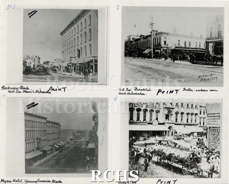 Black and white photograph of four prints of early Janesville, WI. #1 is entitled "Jackman Block N.W. Cor.