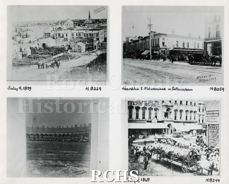 Black and white photograph of four prints of early Janesville, WI. N8234 is entitled: "July 4, 1879" and shows several men in the street with the backs of several.