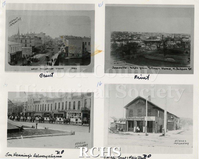 Black and white photograph of four prints of early Janesville, WI.