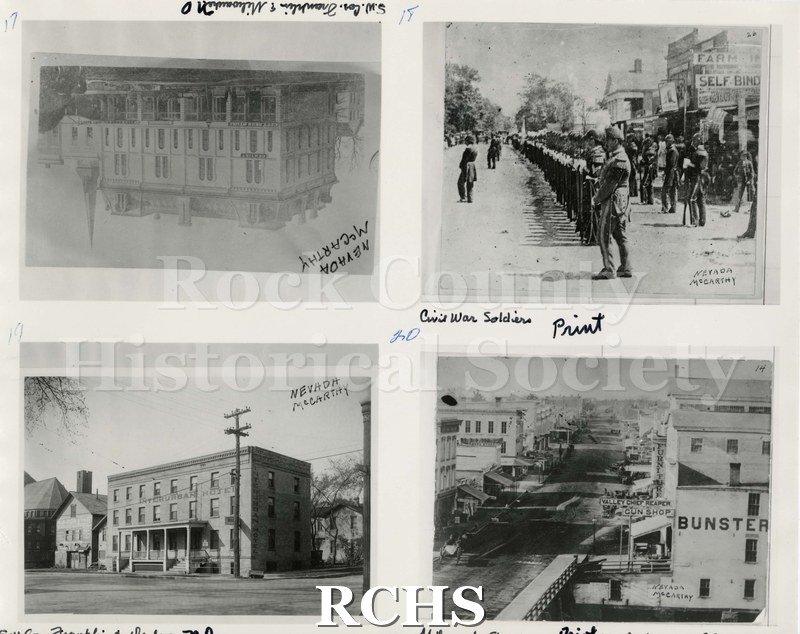 Black and white photograph of four prints of early Janesville, WI. #17 is labeled: S.W. Cor.