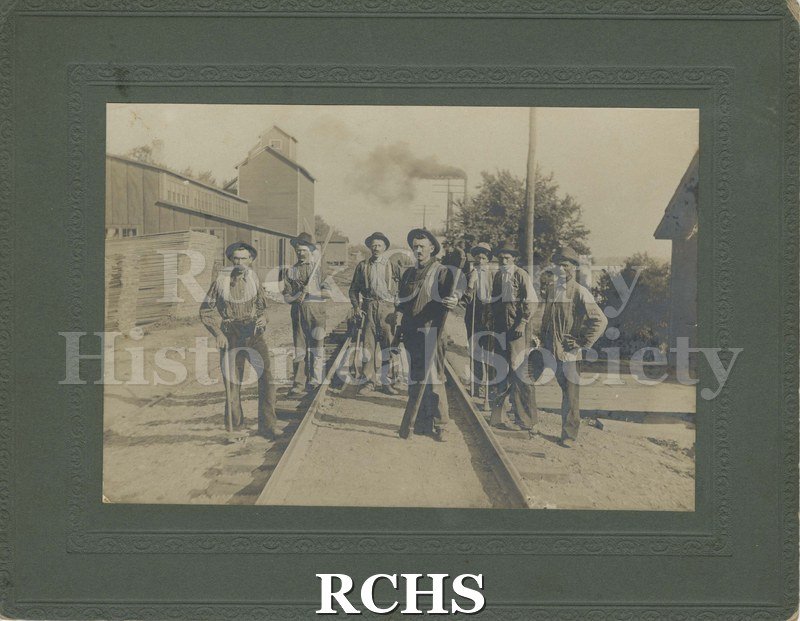 Black and white photograph of Chicago and Northwestern Railroad section crew somewhere between Janesville and Elroy, Wisconsin.