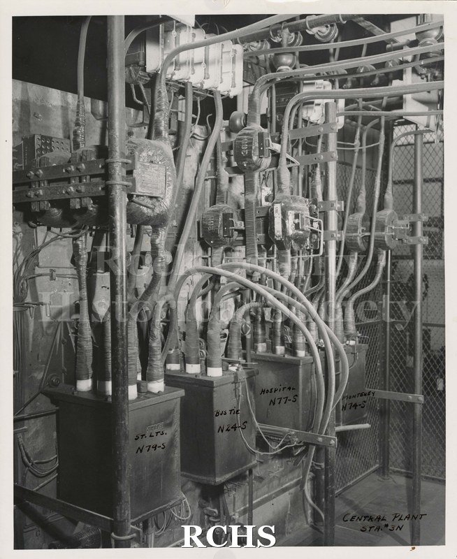 Black and white photograph of the Central Hydro-electric plant interior located at the west end and south of the Fourth Avenue (now Centerway) at Janesville.