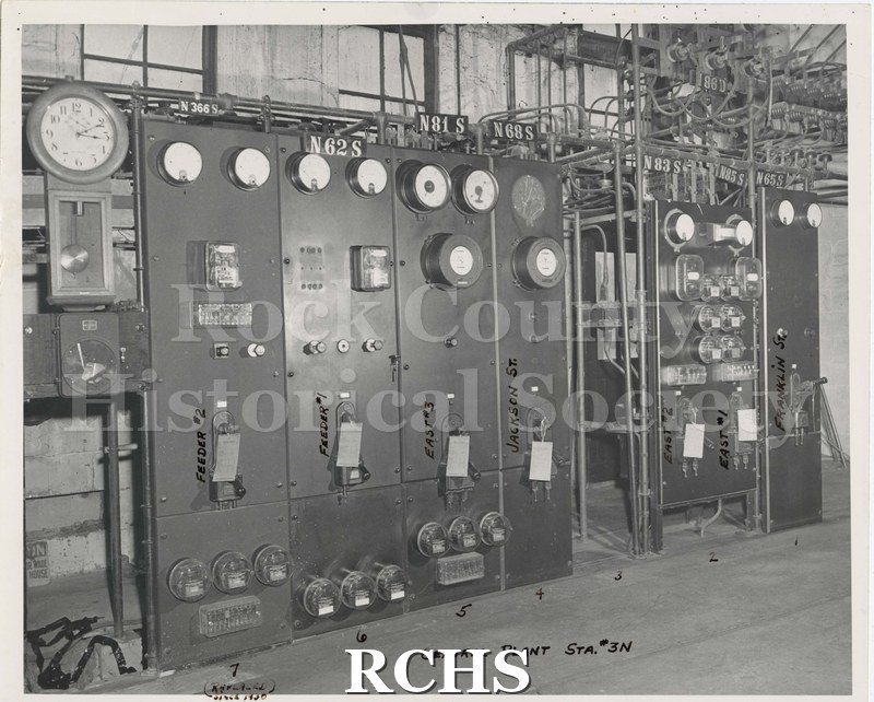 Black and white photograph of the Central Hydro-electric plant interior located at the west end and south of the Fourth Avenue (now Centerway) at Janesville.