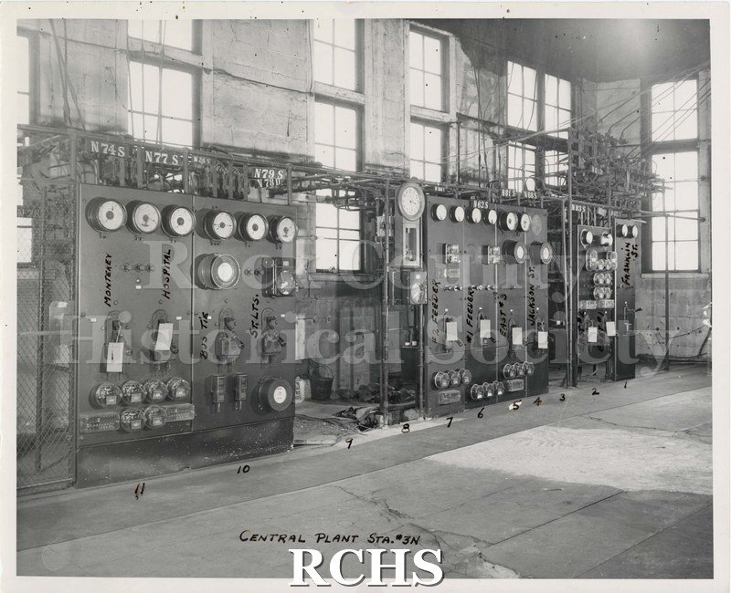 Black and white photograph of the Central Hydro-electric plant interior located at the west end and south of the Fourth Avenue (now Centerway) at Janesville.