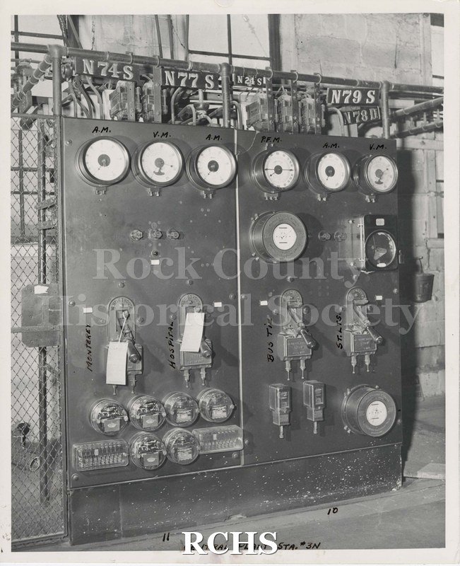 Black and white photograph of the Central Hydro-electric plant interior located at the west end and south of the Fourth Avenue (now Centerway) at Janesville.