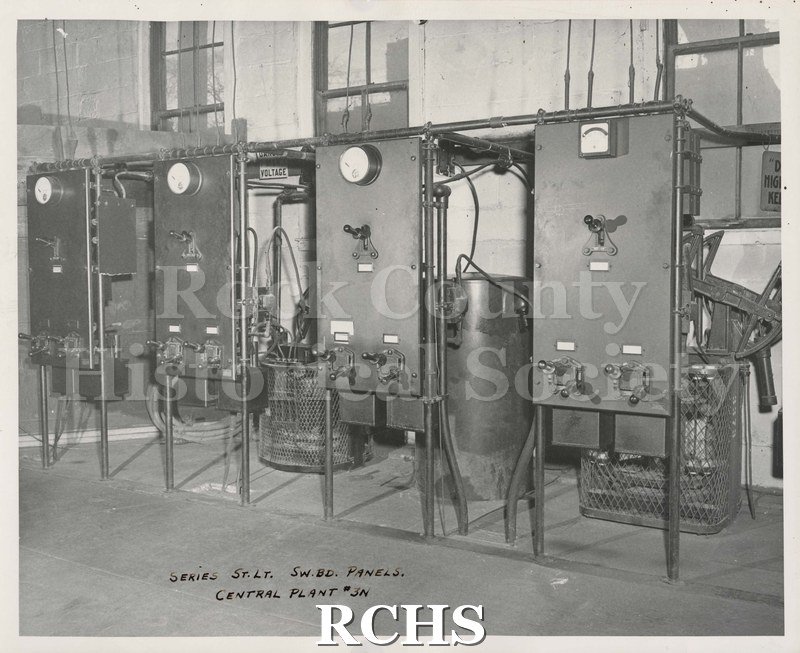 Black and white photograph of the Central Hydro-electric plant interior located at the west end and south of the Fourth Avenue (now Centerway) at Janesville.