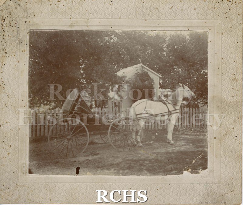 Black and white photograph of C. I. Ormsbee, rural mail carrier, in a four-wheeled carriage with a top, pulled by a white horse.
