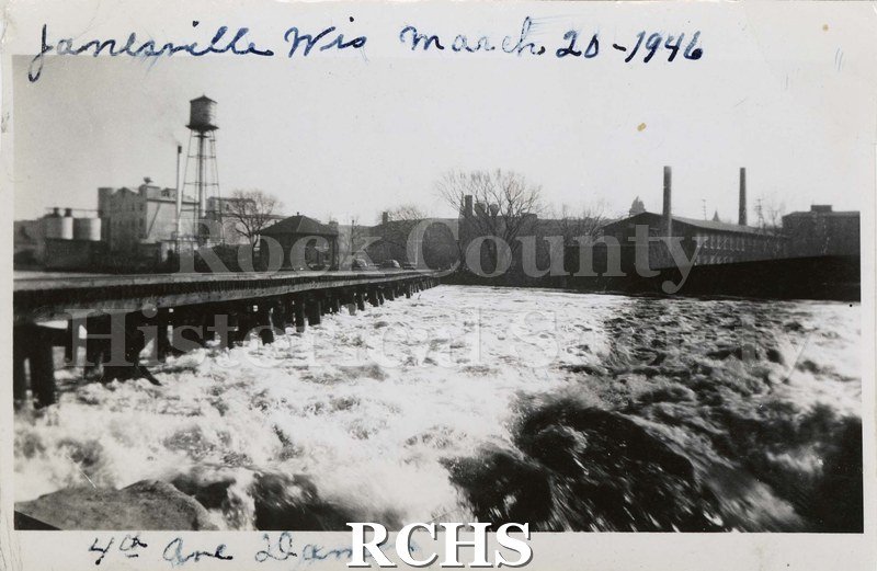 Black and white photograph of the 4th Avenue Bridge Dam Janesville, Wis. Mar. 20, 1946.