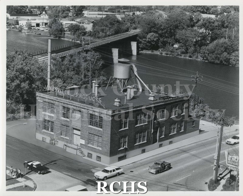 Black and white photograph of Janesville Cotton Mills: batting plant N.W. Corner of Centerway and No. River Street (demolished).