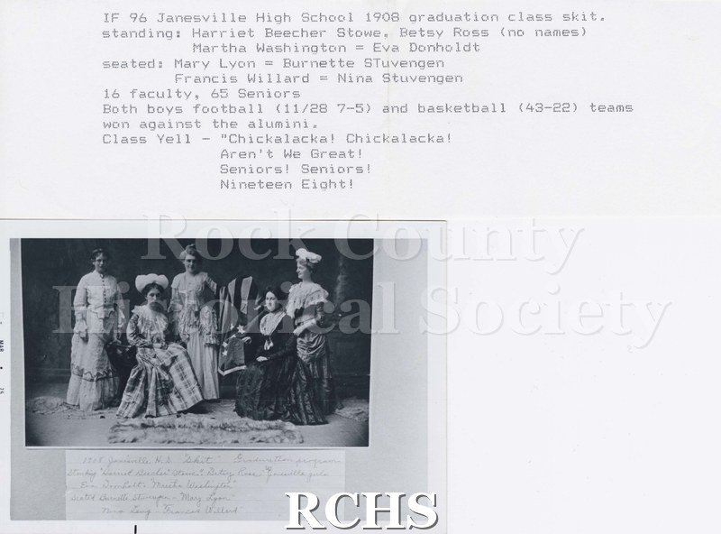 Black and white photograph of the Janesville High School 1908 Graduation Class Skit with five women in period costumes.