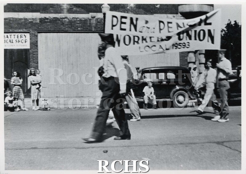 Black and white photograph of the Labor Day Parade-Pen & Pencil Workers Union #19593. Banner reads: "Pen and Pencil Workers Union Local 19593".