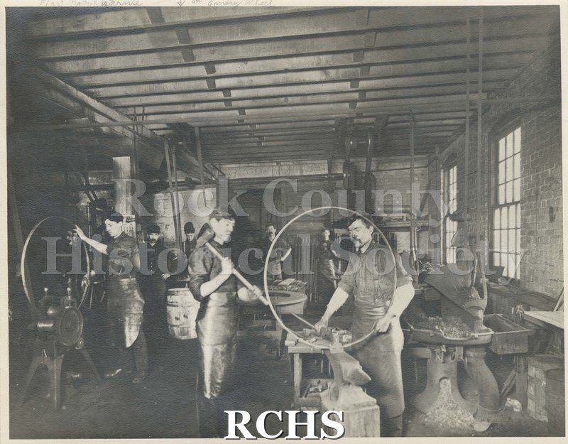 Black and white photograph of Wisconsin Carriage Shop Blacksmith Shop.