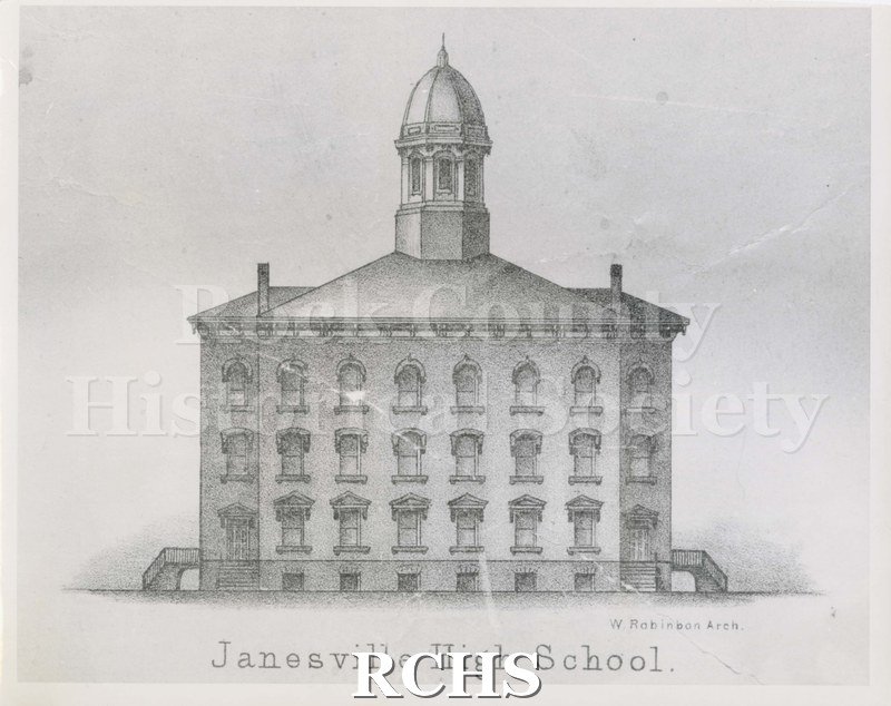 Black and white photograph of Janesville High School. It is a drawing, showing a three story building with a cupola on top. On bottom: "Janesville High School W.