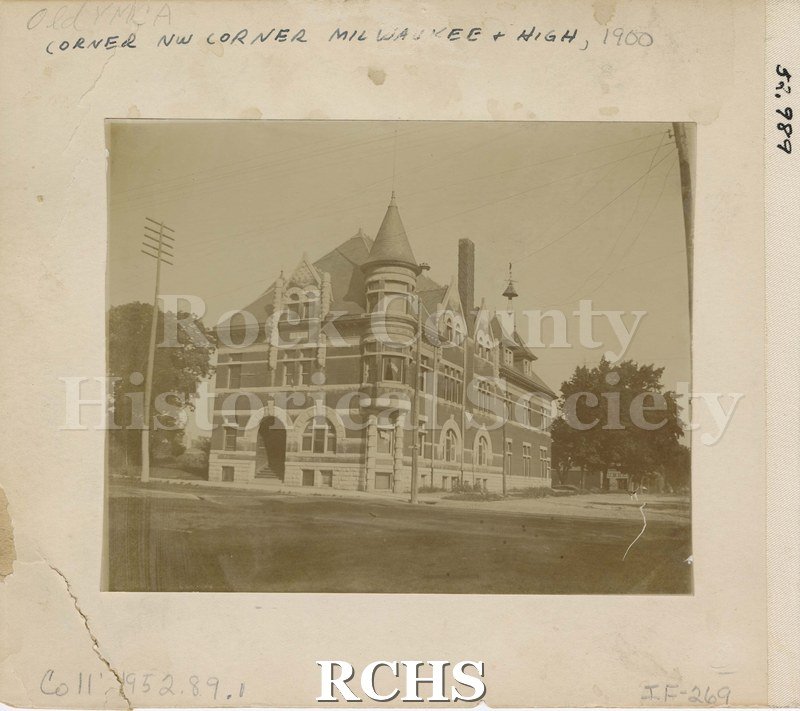 Black and white photograph of "Old" YMCA: Corner NW corner Milwaukee and High, 1900".
