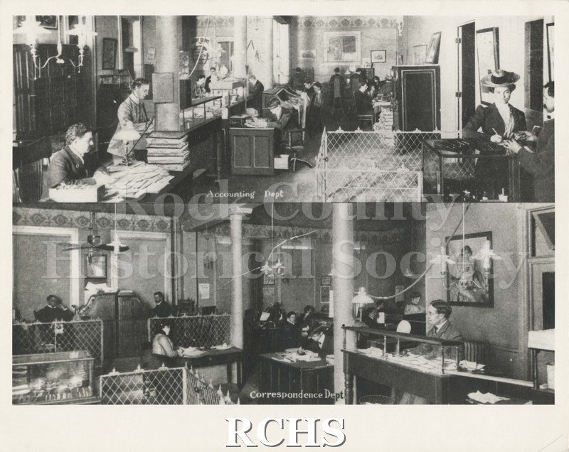 Black and white photograph of Parker Pen Co. Shows a factory building interior in two parts. On top is the Accounting Dept. On the bottom is the Correspondence Dept.