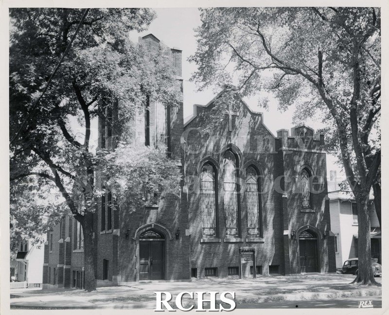 Black and white photograph of First Lutheran Church, Janesville, WI, from the front.