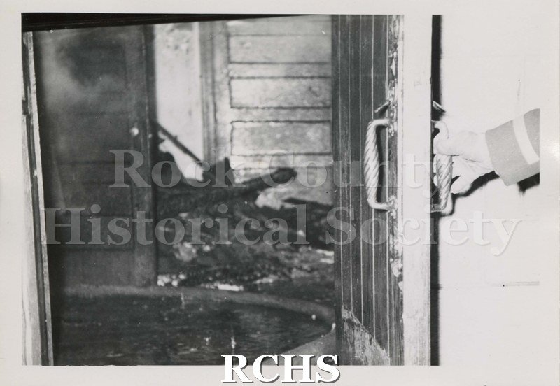 Black and white photograph of the fire at Beloit College Eaton Chapel showing interior fire damage.