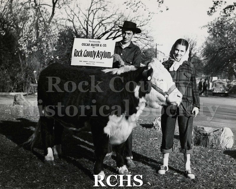 Black and white photograph of an unidentified young woman holding a hereford steer while the young man holds a sign: "Purchased by Oscar Mayer & Co.