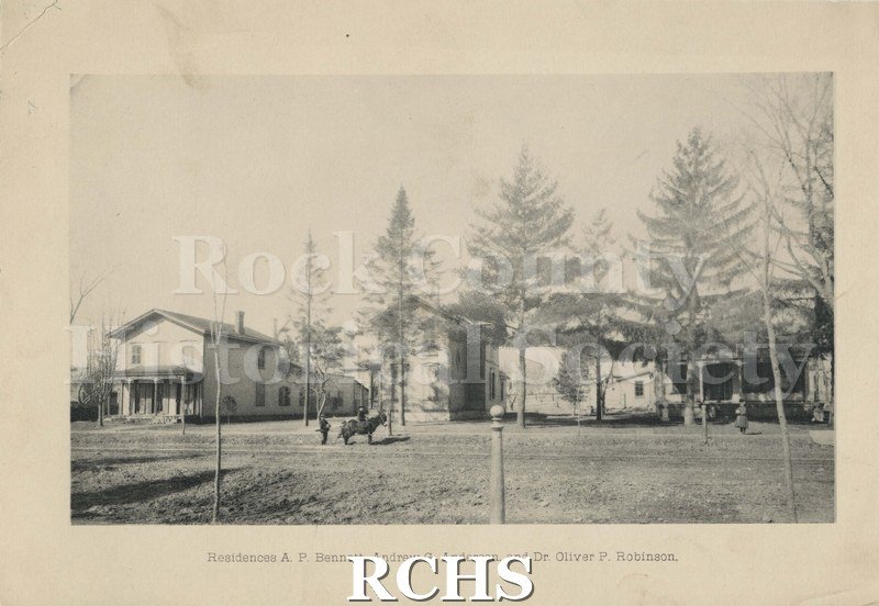 Black and white photograph of the residences of A. P. Bennett, Andrew G. Anderson, and Dr. Oliver P. Robinson. The three houses are side by side.