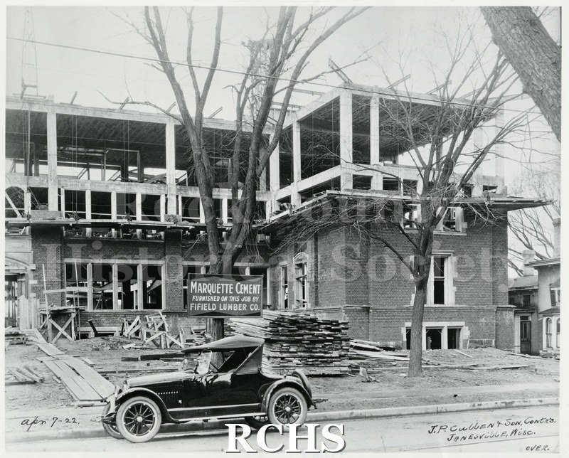 Black and white photograph of the construction site for Janesville High School in April 1922 (according to enclosed note).
