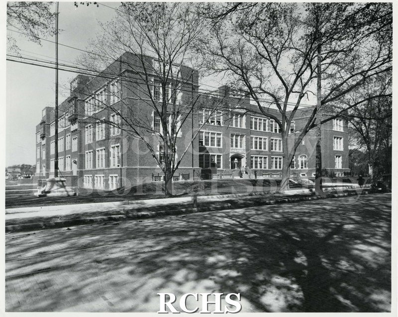 Black and white photograph of Janesville High School, Main Street view.