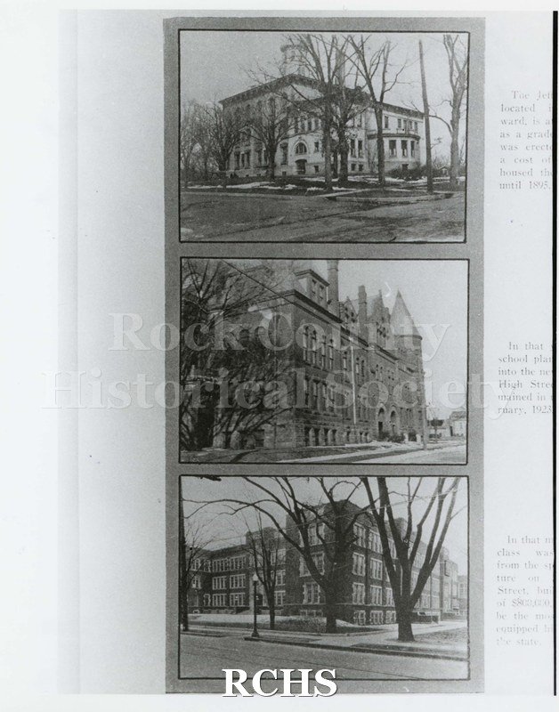 Black and white photograph of three Janesville High school buildings, 1857, 1895, 1923.