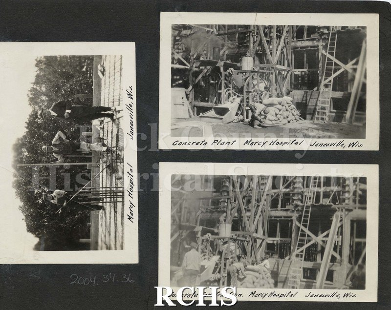Black and white photograph of three photographs of concrete construction of Mercy Hospital in Janesville On left: Photo shows two men working on roof with another.