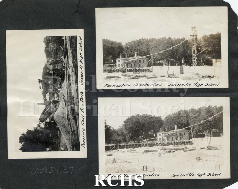 Black and white photograph of six photographs of the construction of Janesville High School. a. Photo on left shows piles of sand and cement truck with workmen.