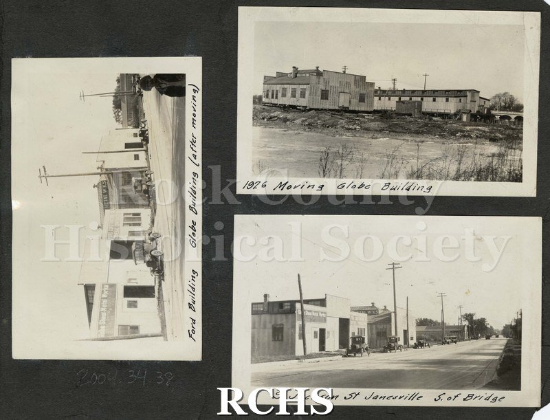 Black and white photograph of five photographs of various buildings in Janesville On left: Photo of a building with a sign that reads: "Globe Sheet Metal Works.