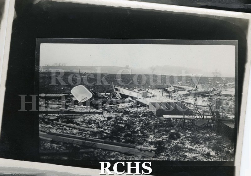 Black and white photograph of the tornado in Rock County 1911. Shows debris from the tornado of 1911.