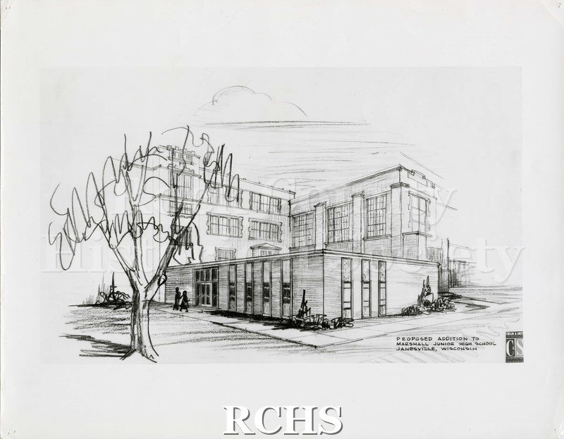 Black and white photograph of an architectural drawing of the proposed addition to Marshall Junior High School, Janesville, Wisconsin.