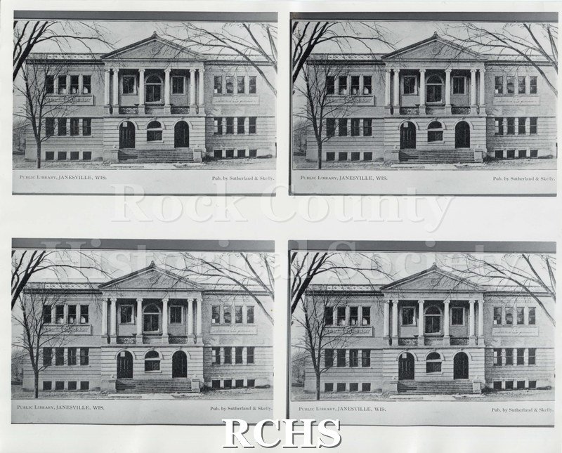 Black and white photograph of four copy prints of the Janesville Public Library. On bottom: "Public Library, Janesville, Wis. Pub.by Sutherland & Skelly".