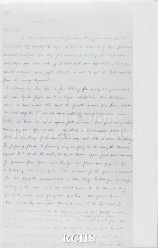 Black and white photograph of handwritten letter to Hon. Andrew Carnegie of New York City from an unknown person.
