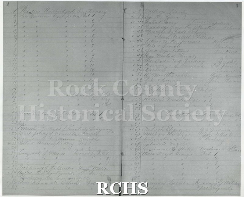 Black and white photograph of a handwritten ledger sheet containing the names of 74 books that are in the library.