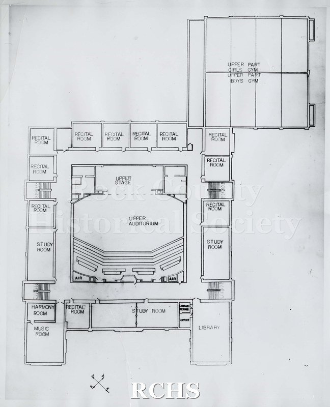 Black and white photograph of the floor plan for Janesville High School auditorium including second story surrounding the auditorium where music, recital and study.