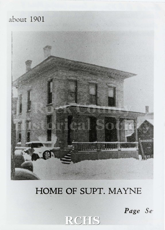 Black and white photograph of the home of Supt. Mayne - 1901. Shows a two-story brick home with porch, identified on the bottom as the home of Supt. Mayne.