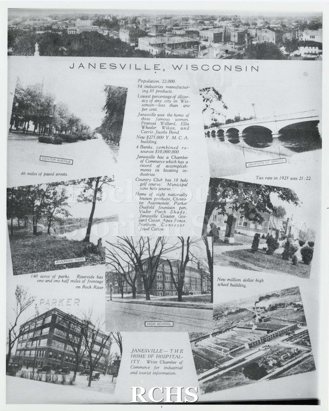 Black and white photograph of a broadsheet about Janesville, including data about the city's population, literacy, prominent residents, tax rate, banks.