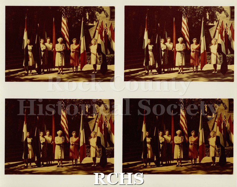 Colored photograph of four photographs of six unidentified women holding flags.